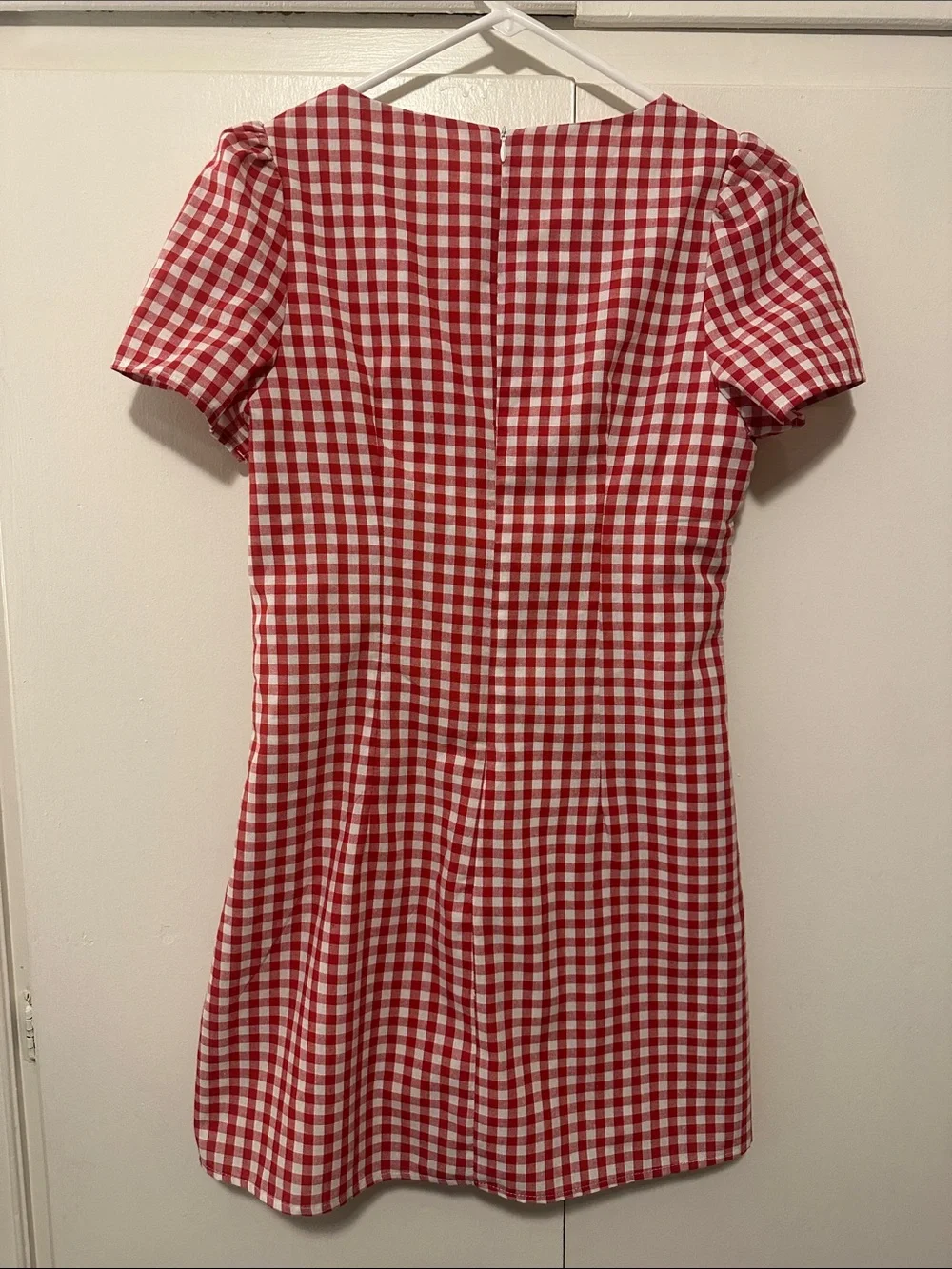 Red Gingham Mini Dress with Decorative Button Front - Picture 2 of 4